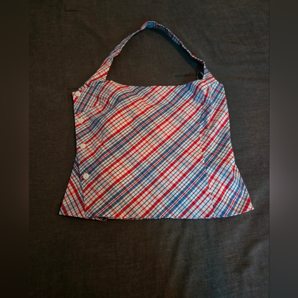 Frankies Bikinis Plaid Smocked Halter Top Size L Red/Blue Check Anthropologie